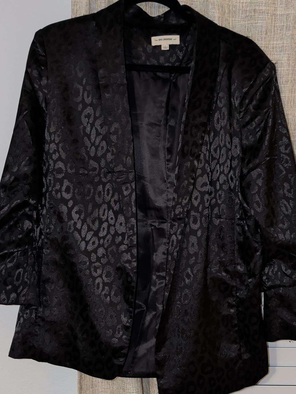 eesome Black Satin Leopard Jacquard Blazer